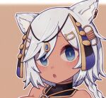  1girl :o animal_ears blue_eyes braid bright_pupils cat_ears circlet commission copyright_request earrings hair_ornament jewelry lamb-oic029 long_hair looking_at_viewer necklace outline parted_lips portrait skeb_commission solo white_hair white_outline yellow_background 