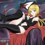  1girl ahoge black_footwear blonde_hair boots cape detached_sleeves fangs hair_between_eyes high_heel_boots high_heels long_hair looking_at_viewer lying on_back original red_cape red_eyes slit_pupils smile solo thigh-highs thigh_boots vampire yozora 