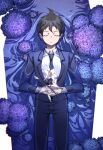  1boy absurdres ahoge black_hair black_neckwear black_pants blue_flower brown_hair closed_eyes closed_mouth collared_shirt commentary_request corpse cowboy_shot dangan_ronpa_(series) dangan_ronpa_3_(anime) flower grey_shirt hands_on_own_stomach highres hinata_hajime hydrangea long_sleeves lying male_focus necktie on_back pants partially_submerged shiny shiny_hair shirt short_hair solo water white_flower ziling 