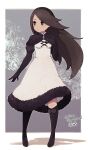  1girl agnes_oblige black_footwear boots border bravely_default:_flying_fairy bravely_default_(series) breasts brown_eyes brown_hair closed_mouth commission cute dress elbow_gloves full_body fur-trimmed_boots fur_trim gloves hairband hand_on_own_chest hand_up highres juliet_sleeves lamb-oic029 long_hair long_sleeves moe nintendo pigeon-toed puffy_sleeves signature skeb_commission small_breasts solo square_enix standing thank_you white_border white_dress 