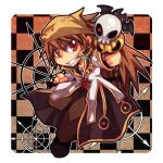  1boy bandana bangs black_coat black_footwear border brown_eyes brown_hair brown_headwear brown_pants checkered checkered_background coat commentary_request cross cross_necklace emon-yu eyes_visible_through_hair full_body grin hair_between_eyes high_priest_(ragnarok_online) holding holding_staff jewelry layered_clothing long_hair long_sleeves looking_at_viewer male_focus necklace pants ragnarok_online shoes smile solo staff white_border white_coat 