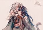  2girls absurdres animal_ear_fluff animal_ears arknights artist_name black_hair black_legwear blaze_(arknights) blue_eyes cat_ears cat_girl cat_tail chinese_commentary extra_ears feather_hair feet_out_of_frame grey_hair greythroat_(arknights) highres holding_person jacket long_hair looking_at_another moyu_marginal multiple_girls off_shoulder open_mouth scarf shirt tail thigh-highs torn_clothes torn_legwear white_jacket white_scarf white_shirt yuri 