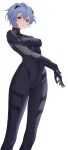  1girl ayanami_rei bangs black_bodysuit blue_hair bodysuit breasts commentary evangelion:_3.0_you_can_(not)_redo feet_out_of_frame highres interface_headset lips lis_zhu_long looking_at_viewer medium_breasts neon_genesis_evangelion parted_lips plugsuit rebuild_of_evangelion red_eyes short_hair simple_background skin_tight solo white_background 