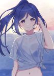  1girl absurdres arhah bangs bikini bikini_top bikini_under_clothes blue_bikini blue_hair breasts closed_mouth eyebrows_visible_through_hair floating_hair halterneck hand_in_hair hand_up high_ponytail highres horizon long_hair looking_at_viewer love_live! love_live!_sunshine!! matsuura_kanan medium_breasts navel ocean ponytail see-through shirt short_sleeves smile solo sunset swimsuit t-shirt tied_shirt upper_body violet_eyes wet wet_clothes wet_shirt white_shirt 