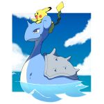  absurdres afloat border closed_mouth clouds commentary_request day from_side gen_1_pokemon grey_eyes highres lapras no_humans on_head outdoors outside_border pikachu pokemon pokemon_(creature) pokemon_on_head sasaki_sue sky smile water white_border 