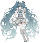  1girl absurdly_long_hair ascot bangs blue_dress blue_eyes blue_hair blue_neckwear boots collared_dress commentary deep_(deep4946) dress eyebrows_visible_through_hair frilled_dress frills full_body hair_between_eyes hand_up hatsune_miku highres long_hair looking_at_viewer parted_lips simple_background sleeveless sleeveless_dress solo thigh-highs thigh_boots twintails very_long_hair vocaloid white_background white_dress white_footwear white_legwear wrist_cuffs 