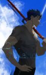  1boy alternate_costume beads biceps blue_hair blue_sky character_name cigarette collarbone cu_chulainn_(fate)_(all) cu_chulainn_(fate/stay_night) earrings fate/stay_night fate_(series) floating_hair from_side gae_bolg_(fate) hair_beads hair_ornament hand_on_hip highres holding holding_polearm holding_weapon jewelry kei_nomoto long_hair looking_at_viewer looking_back male_focus muscular muscular_male polearm ponytail red_eyes shirt short_sleeves sky smoking solo spiky_hair t-shirt v-neck weapon 