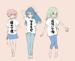  3girls alternate_costume arm_behind_back arm_behind_head bare_legs barefoot blue_eyes blue_hair blue_pants capri_pants casual check_translation commentary_request denim denim_skirt eyebrows_visible_through_hair glasses green_hair hand_on_hip jeans kako_(kemono_friends) kemono_friends kuromitsu_(9633_kmfr) long_hair miniskirt mirai_(kemono_friends) multiple_girls nana_(kemono_friends) pants pink_eyes pink_hair shirt short_hair short_sleeves side_ponytail skirt t-shirt translation_request white_shirt 