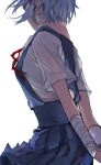  1girl arms_behind_back ayanami_rei bandage_on_face bandaged_arm bandages blue_hair blue_skirt commentary from_side highres neck_ribbon neon_genesis_evangelion red_neckwear ribbon school_uniform shi_xu_jiu_zhou shirt short_hair short_sleeves simple_background skirt solo suspender_skirt suspenders tokyo-3_middle_school_uniform_(evangelion) white_background white_shirt 