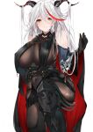  1girl aegir_(azur_lane) azur_lane bangs bare_shoulders black_cape bodystocking breast_curtains breasts cape covered_navel demon_horns highres horns iron_cross large_breasts leg_up long_hair looking_at_viewer multicolored_hair mutou_(94753939) parted_lips redhead simple_background sleeves smile solo streaked_hair white_background white_hair yellow_eyes 