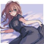  1girl bangs bed_sheet black_dress blush breast_pocket breasts brown_hair closed_mouth dress eyebrows_visible_through_hair grey_eyes highres kantai_collection large_breasts long_hair lying on_side one-hour_drawing_challenge picoli1313 pocket ponytail saratoga_(kancolle) short_sleeves sketch skirt_hold solo sweat 