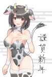  1girl alternate_costume animal_ears animal_print black_hair bow bowtie breasts cow_ears cow_horns cow_print cow_tail cowboy_shot detached_collar highleg highleg_leotard highres horns kantai_collection large_breasts leotard osashimisan print_legwear print_leotard print_neckwear red_eyes short_hair solo standing strapless strapless_leotard tail takao_(kancolle) thigh-highs 