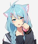  1girl angon623 animal_ear_fluff animal_ears azura_cecillia black_jacket blue_eyes blue_hair blush braid cat_ears clenched_hand collarbone head_tilt highres jacket kemonomimi_mode looking_at_viewer nijisanji nijisanji_id off_shoulder open_mouth paw_pose portrait sailor_collar solo twin_braids virtual_youtuber 