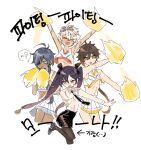  &gt;_&lt; 1girl 3boys ? arms_up bangs bennett_(genshin_impact) black_legwear black_neckwear blue_hair blush brown_hair cheerleader crossdressinging dark-skinned_male dark_skin eyepatch genshin_impact godwkgodwk gradient_hair hair_between_eyes hair_ribbon kaeya_(genshin_impact) korean_commentary korean_text long_hair mona_(genshin_impact) multicolored_hair multiple_boys necktie open_mouth pleated_skirt pom_pom_(cheerleading) purple_hair ribbon simple_background skirt sweat twintails white_background yellow_eyes zhongli_(genshin_impact) 