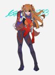  1girl bangs black_bodysuit blue_eyes bodysuit breasts closed_mouth commentary contrapposto evangelion:_3.0_you_can_(not)_redo eyepatch frown grey_background hand_up highres interface_headset jacket jacket_removed jessie6533 long_hair looking_at_viewer neon_genesis_evangelion orange_hair plugsuit rebuild_of_evangelion red_bodysuit simple_background skin_tight small_breasts solo souryuu_asuka_langley 