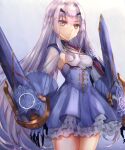  1girl blue_dress breasts brown_eyes dress fairy_knight_lancelot_(fate) fate/grand_order fate_(series) frills highres long_hair long_sleeves looking_at_viewer sidelocks small_breasts thigh-highs thighs torottye white_hair 