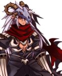  1boy armor assassin_cross_(ragnarok_online) bangs black_cape black_pants black_sclera black_shirt cape closed_mouth colored_sclera commentary_request cowboy_shot emon-yu hair_between_eyes horns long_hair looking_at_viewer open_clothes open_shirt pants pauldrons pointy_ears ragnarok_online red_eyes red_scarf scarf shirt shoulder_armor simple_background skull skull_on_head solo torn_cape torn_clothes torn_scarf vambraces very_long_hair waist_cape white_background white_hair 