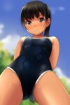 1girl absurdres arms_behind_back bangs bare_shoulders black_hair black_swimsuit blurry blurry_background blush brown_eyes closed_mouth day depth_of_field eyebrows_visible_through_hair from_below highres looking_at_viewer matsunaga_kouyou nose_blush one-piece_swimsuit original outdoors ponytail smile solo standing swimsuit wet 