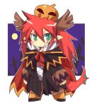  1boy alchemist_(ragnarok_online) alternate_color antlers bangs black_cape black_coat blush cape chibi closed_mouth coat commentary_request dragon_boy dragon_tail emon-yu eyebrows_visible_through_hair full_body fur-trimmed_cape fur_trim green_eyes hair_between_eyes jack-o&#039;-lantern long_hair looking_at_viewer male_focus pointy_ears pumpkin pumpkin_on_head ragnarok_online redhead slit_pupils solo standing tail very_long_hair white_background 