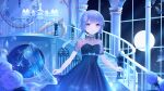  1girl bangs chandelier cinderella clock dress eyebrows_visible_through_hair flower full_moon glass_slipper highres indoors looking_at_viewer moon night purple_hair sakakidani see-through solo stairs transparent_footwear violet_eyes vocaloid voiceroid window yuzuki_yukari 