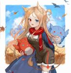  1girl animal animal_ears archetto_(arknights) arknights bird bird_ears blue_cape blue_eyes blue_sky brown_dress brown_hair cape clouds commentary dress griffin heterochromia highres holding holding_animal holding_bird lion_tail long_hair looking_at_viewer open_mouth red_eyes red_scarf scarf shirt skindentation sky solo spacelongcat tail wheat_field white_legwear white_shirt 