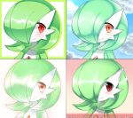  1girl bangs blue_sky blush bob_cut closed_mouth clouds colored_skin commentary day drop_shadow flat_chest gardevoir gen_3_pokemon green_hair green_skin hair_over_one_eye happy light_blush looking_to_the_side lotosu multicolored multicolored_skin multiple_views outdoors outline pink_outline pokemon pokemon_(creature) red_eyes shiny shiny_hair short_hair sideways_mouth sky smile two-tone_skin white_skin 
