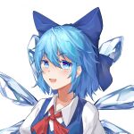 1girl bangs blue_bow blue_dress blue_eyes blue_hair bow cirno collar dress eyebrows_visible_through_hair eyes_visible_through_hair hair_between_eyes highres ice ice_wings looking_at_viewer mouma open_mouth puffy_short_sleeves puffy_sleeves red_bow red_neckwear shirt short_hair short_sleeves simple_background smile solo touhou upper_body white_background white_collar white_shirt white_sleeves wings 
