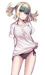  1girl bangs bikini bikini_under_clothes black_bikini blonde_hair blush breasts collarbone diadem elfenlied22 fate/grand_order fate_(series) large_breasts looking_at_viewer medium_hair open_mouth pollux_(fate) shirt short_sleeves solo swimsuit thighs twintails violet_eyes white_shirt 