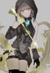  1boy akitama2727 arrow_(projectile) asymmetrical_gloves bangs bare_shoulders black_gloves brown_hair brown_hood closed_mouth elbow_gloves gloves glowing_arrow green_eyes gretel_(sinoalice) grey_background hair_between_eyes highres holding looking_at_viewer navel see-through_dress short_hair simple_background sinoalice solo thigh-highs uneven_gloves yellow_legwear 