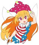  1girl :d american_flag_legwear american_flag_shirt bangs blonde_hair bright_pupils clownpiece cropped_legs eyebrows_visible_through_hair fairy_wings fang hair_between_eyes hat holding holding_torch ini_(inunabe00) jester_cap long_hair looking_at_viewer neck_ruff open_mouth pink_eyes pink_headwear polka_dot_headwear shirt short_sleeves simple_background skin_fang smile solo star_(symbol) star_print striped striped_legwear striped_shirt torch touhou white_background white_pupils wings 