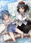  2girls black_hair blue_eyes blue_hair bow cirno fan food futatsuki_eru hair_bow hat highres multiple_girls on_lap orange_eyes outdoors popsicle shameimaru_aya short_hair sitting soaking_feet stone_wall sweat tokin_hat touhou wall water 