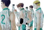  6+boys back black_hair blonde_hair brown_hair closed_mouth elbow_pads from_behind haikyuu!! hanamaki_takahiro hands_on_hips iwaizumi_hajime jersey kindaichi_yuutarou kunimi_akira kyoutani_kentarou looking_to_the_side male_focus matsukawa_issei multiple_boys oikawa_tooru_(haikyuu!!) shirt shorts sleeveless sleeveless_shirt sportswear toned toned_male ummm_mmma volleyball_uniform 