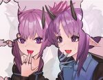  2girls :d arknights bangs black_shirt blue_shirt fang hand_up hibiscus_(arknights) highres horns jewelry kava kimoi_girls lava_(arknights) multiple_girls open_mouth parody pointy_ears purple_background purple_hair ring shirt short_hair siblings simple_background sisters smile speech_bubble twintails upper_body violet_eyes 