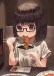  1girl bangs black-framed_eyewear black_hair blue_eyes blush bob_cut bowl breasts chopsticks commentary_request couch eating eyebrows_visible_through_hair food food_on_face food_request glasses highres holding holding_bowl holding_chopsticks indoors looking_at_viewer mimikaki_(men_bow) on_couch original semi-rimless_eyewear shirt short_hair short_sleeves sitting small_breasts solo table under-rim_eyewear upper_body white_shirt 