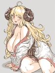  1girl ahoge anila_(granblue_fantasy) bangs blonde_hair blush breasts draph granblue_fantasy highres horns houtengeki japanese_clothes kimono large_breasts long_hair long_sleeves looking_at_viewer sheep_horns solo thick_eyebrows wide_sleeves yellow_eyes 