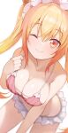  1girl ;) bikini blonde_hair commentary_request dragon_girl dragon_horns eyebrows_visible_through_hair frilled_bikini frills from_above hair_between_eyes highres hiroki_(yyqw7151) horns kobayashi-san_chi_no_maidragon long_hair looking_at_viewer one_eye_closed orange_eyes pink_bikini simple_background smile solo striped swimsuit tohru_(maidragon) twintails vertical-striped_bikini vertical_stripes white_background 