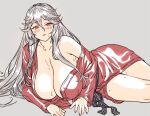  1girl bangs blush breasts brown_eyes granblue_fantasy houtengeki japanese_clothes kimono long_sleeves looking_at_viewer lying magisa_(granblue_fantasy) on_side silver_hair solo wide_sleeves 