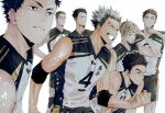  6+boys akaashi_keiji black_hair blonde_hair bokuto_koutarou brown_hair clenched_hand elbow_pads eyebrows grey_hair grin haikyuu!! jersey komi_haruki konoha_akinori looking_to_the_side male_focus multicolored_hair multiple_boys onaga_wataru sarukui_yamato shirt short_hair shorts sleeveless sleeveless_shirt smile sportswear teeth two-tone_hair ummm_mmma volleyball_uniform washio_tatsuki yellow_eyes 