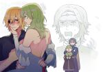 2boys 2girls bangs bare_back bare_shoulders black_dress blonde_hair blue_coat blue_eyes blush byleth_(fire_emblem) byleth_eisner_(female) coat comedy commentary_request covering_another&#039;s_eyes dimitri_alexandre_blaiddyd dress eyebrows_visible_through_hair eyepatch facial_hair father_and_daughter fire_emblem fire_emblem:_three_houses flayn_(fire_emblem) goatee green_eyes green_hair hair_between_eyes hetero juliet_sleeves kkomcce long_hair long_sleeves multiple_boys multiple_girls off-shoulder_dress off_shoulder open_mouth puffy_sleeves seteth_(fire_emblem) short_hair simple_background white_background white_dress
