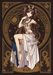  1girl bare_shoulders breasts brown_eyes brown_hair commentary_request earrings elbow_gloves eyebrows_visible_through_hair fate/grand_order fate_(series) gloves highres hoop_earrings ishtar_(fate) ishtar_(fate)_(all) jewelry long_hair looking_at_viewer medium_breasts navel single_thighhigh sitting solo thigh-highs zerocastle 