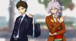  2boys ahoge bag bangs belt black_bag black_belt black_jacket black_neckwear black_pants blurry blurry_background brown_eyes brown_hair brown_jacket brown_vest collarbone collared_shirt commentary_request dangan_ronpa_(series) dangan_ronpa_3_(anime) green_shirt grey_hair hajime_(gitoriokawaii) hinata_hajime holding hope&#039;s_peak_academy_school_uniform jacket komaeda_nagito long_sleeves messy_hair multiple_boys necktie open_clothes open_jacket open_mouth orange_neckwear pants petals pointing red_shirt school_bag school_uniform shirt short_hair striped striped_shirt upper_teeth vest white_shirt yellow_eyes 