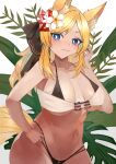  1girl absurdres animal_ear_fluff animal_ears arknights bandeau bangs bare_arms bare_shoulders bikini black_bikini black_ribbon blonde_hair blue_eyes blush breasts commentary_request flower grey_background hair_flower hair_ornament hair_ribbon hand_up haru_torimaru highres large_breasts long_hair looking_at_viewer navel partial_commentary ribbon solo stomach swimsuit tail upper_body whislash_(arknights) white_bikini white_flower 