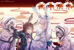  2020 2girls 2others amiya_(arknights) animal_ears arknights artist_name ascot bangs black_jacket blue_eyes blue_neckwear blue_sash blush brown_hair chinese_commentary frostnova_(arknights) fur-trimmed_hood fur_trim gloves grey_eyes hair_over_one_eye highres hood hood_down hood_up jacket japanese_clothes kimono long_hair making-of_available moyu_marginal multiple_girls multiple_others obi open_clothes open_jacket open_mouth painttool_sai_(medium) ponytail rabbit_ears sash smile upper_body white_gloves white_hair white_jacket white_kimono 