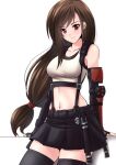  1girl absurdres belt brown_hair earrings final_fantasy final_fantasy_vii final_fantasy_vii_remake gloves highres jewelry long_hair looking_to_the_side midriff navel pose red_eyes sawwei005 shirt simple_background skirt solo sports_bra thigh-highs tied_hair tifa_lockhart white_background white_shirt 