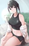  1girl absurdres bare_shoulders black_hair black_shorts black_tank_top breasts chinese_commentary commentary_request dolphin_shorts girls_frontline green_hair grey_eyes highres large_breasts looking_at_viewer m4a1_(girls_frontline) midriff multicolored_hair navel off_shoulder open_clothes open_shirt painnico ponytail shirt shorts sidelocks sitting smile solo streaked_hair sweat tank_top white_shirt 