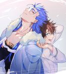  2boys back-to-back black_hair blue_eyes blue_hair cape closed_mouth collarbone cu_chulainn_(caster)_(fate) cu_chulainn_(fate)_(all) earrings fang fate/grand_order fate_(series) fujimaru_ritsuka_(male) fur-trimmed_hood fur_trim height_difference hood hood_down hooded_cape jewelry long_hair long_sleeves looking_at_another looking_back male_focus multiple_boys multiple_earrings multiple_piercings nozawa open_mouth red_eyes shirt smile spiky_hair 