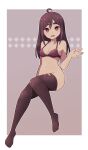  1girl :d ahoge border bottomless bra breasts brown_background brown_hair brown_legwear full_body highres invisible_chair lamb-oic029 looking_at_viewer medium_breasts navel open_mouth original red_bra red_eyes sitting smile solo thigh-highs underwear waving white_border 