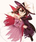  1girl bangs black_headwear black_neckwear blood bow brown_eyes brown_hair buttons cloak closed_mouth dress eyebrows_visible_through_hair glasses gloves hair_between_eyes hand_up hat hat_bow highres holding long_sleeves pink_dress purple_cloak shikido_(khf) shirt short_hair solo teeth touhou usami_sumireko white_bow white_cloak white_dress white_gloves white_shirt white_sleeves 