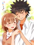  1boy 1girl :d bangs black_hair blurry blurry_background blush bob_cut breasts brown_hair brown_sweater_vest closed_mouth commentary couple dress_shirt flower green_background grin hair_flower hair_ornament hair_strand hairclip heart height_difference holding_hands kamijou_touma misaka_mikoto morimiko_(railgun-mikoto-0502) open_mouth orange_shirt raised_eyebrows school_uniform shirt short_hair small_breasts smile spiky_hair toaru_kagaku_no_railgun toaru_majutsu_no_index tokiwadai_school_uniform translated undershirt upper_body white_flower white_shirt 