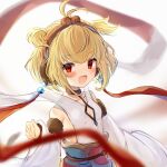  1girl :d absurdres andira_(granblue_fantasy) animal_ears antenna_hair bangs bare_shoulders blonde_hair blurry blurry_background blurry_foreground blush cleavage_cutout clothing_cutout depth_of_field detached_sleeves eyebrows_visible_through_hair flat_chest gold_trim granblue_fantasy hairband hand_up highres long_sleeves looking_at_viewer monkey_ears open_mouth red_eyes red_ribbon ribbon shikasui short_hair simple_background smile solo twintails two_side_up white_background wide_sleeves 